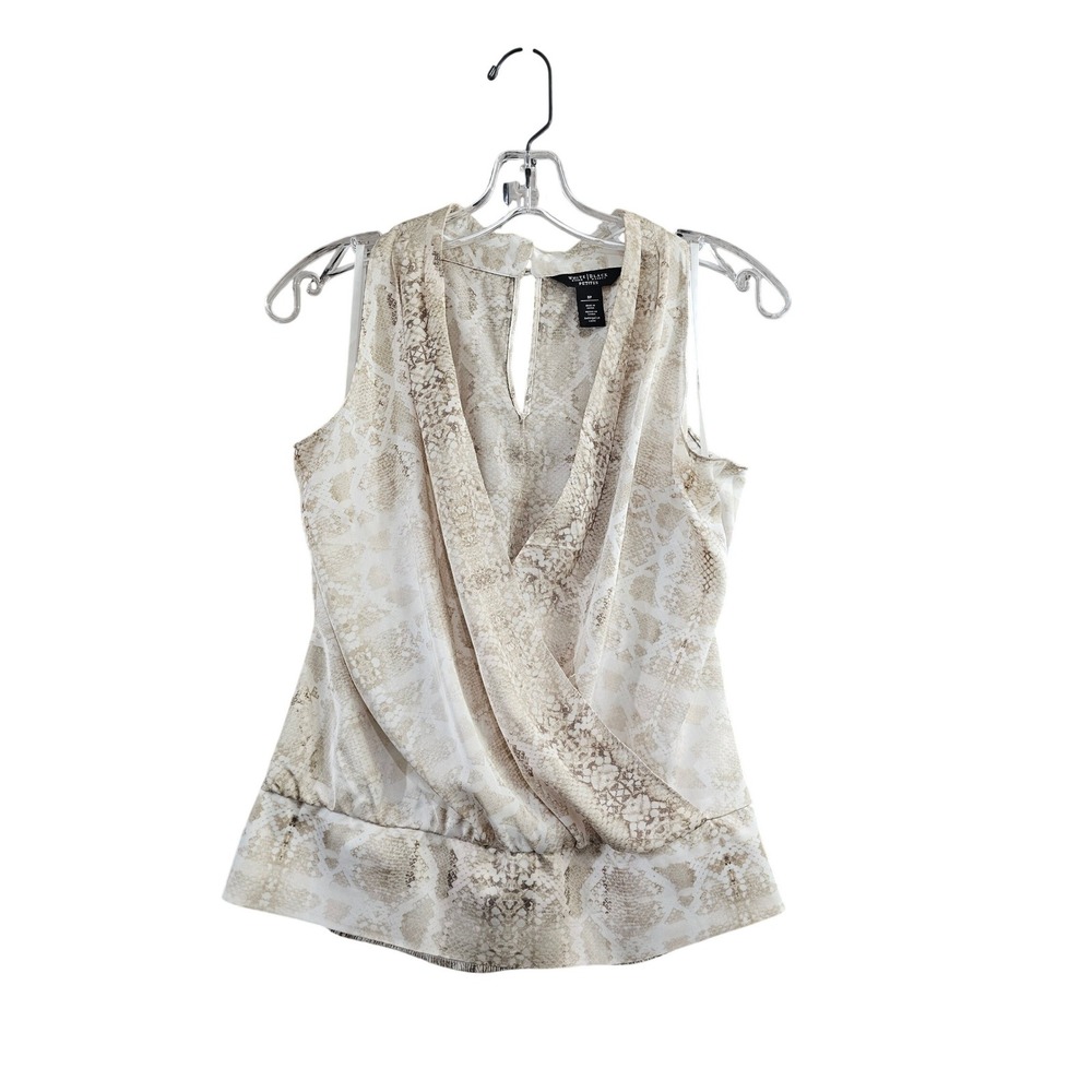 White House Black Market Snakeskin Blouse Womens SP Tan Faux Wrap Shell Tank EUC